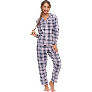 Katoenen damespyjama met lange mouwen | geruit patron | roze - zwart | XL