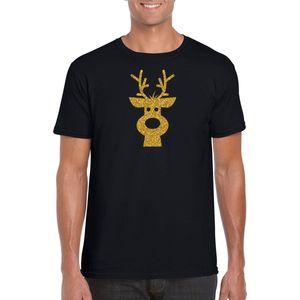 Rendier hoofd Kerst t-shirt - zwart met gouden glitter bedrukking - heren - Kerstkleding / Kerst outfit XXL