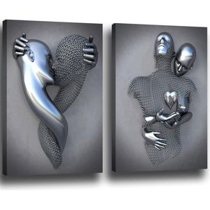 Bastix - 3D liefhebbers sculptuur poster metaal figuur standbeeld kunst canvas schilderij romantisch abstract poster en prints moderne woonkamer woondecoratie - zonder lijst (2 stuks - 30 x 40 cm, figuur-3)