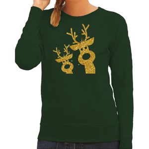 Bellatio Decorations foute kersttrui/sweater voor dames - gouden rendieren - groen - glitter goud XL