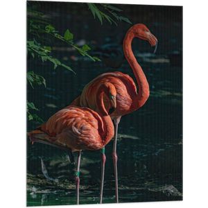 WallClassics - Vlag - Flamingo Duo tussen Groene Takken - 75x100 cm Foto op Polyester Vlag