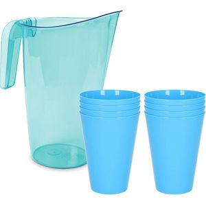 8x kunststof drinkbekers 430 ML met schenkkan set blauw van 1.75 liter - Indoor/outdoor