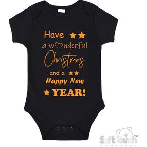 100% katoenen Romper ""Have a wonderful Christmas and a happy New year!"" Kerst Kerstmis Nieuwjaar Unisex Katoen Zwart/mosterd Maat 56/62