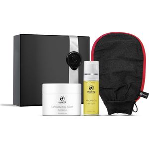 MONTE - Hammam Giftset - Exfoliating Giftset - Hammam Zeep (Eucalyptus) - Luxe Scrub Handschoen - Arganolie (50ml) - Hamam - Huidverzorging - cadeau voor hem man