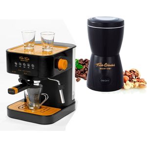 Espressomachine Met Koffiegrinder - Espresso Apparaat Met Koffiemolen - Bonenmaler - Piston - Koffiezetapparaat - Melkopschuimer - Zwart/oranje