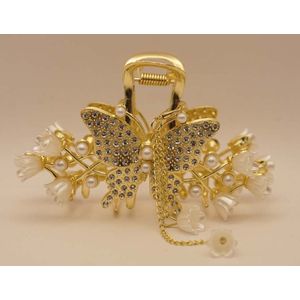 Haarklem goud met grote vlinder zilveren strass steentjes, bloemen, parels - grote vlindertje haarklemmen - butterfly haargrijpers - haargripper vlinder zilver- haarklem voor bruid - gouden haarklemmen feestdagen - haaropstekers metalen dier