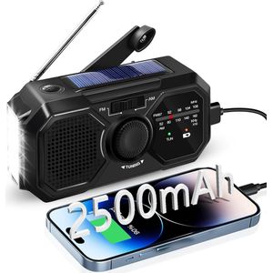 Draagbare noodradio - 2500mAh Zonnesolar handkraan, AM/FM, powerbank, 3W luidsprekers, LED zaklamp, SOS-alarm, Geschikt voor buiten, nood