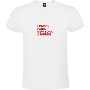 Wit T-Shirt met “ LONDON, PARIS, NEW YORK, ASPEREN “ Afbeelding Rood Size XS