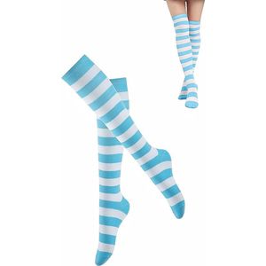 2 stuks (1 paar) Gestreepte overknee sokken voor dames - Hoog elastisch breimateriaal - Kerstsokken - 13,5*6,5 cm - Alledaagse cosplaysokken - Eén maat - Blauw en wit