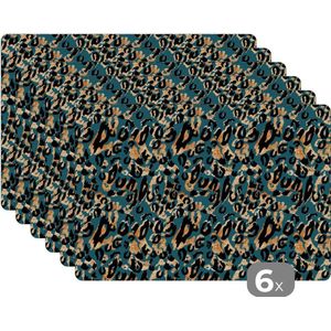 Placemat - Placemats kunststof - 45x30 cm - Tijgerprint - Dierenprint - Turquoise - 6 stuks - Borden onderleggers antislip - Tafel decoratie - Luxe tafelversiering - Tafelmat vinyl - Bord onderlegger - Tafeldecoratie accessoires