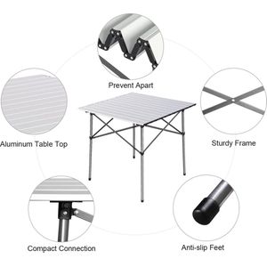 Opvouwbare campingtafel van aluminium, vierkante tafel, roll-up top, 4 personen, compacte tuintafel met draagtas voor picknick, kamp, backyard BBQ, zilverkleurig