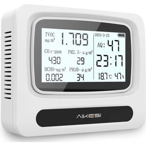 Luchtkwaliteitsmeter met LCD voor binnenluchtkwaliteit - CO2, TVOC, formaldehyde, PM2.5/PM10 - 9-in-1 - Oplaadbaar