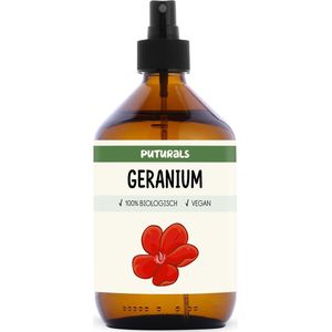 Puturals Geraniumwater 100% Biologisch - 500ml - Puur en Vegan - Geranium Spray voor Huid en Haar - Zonder Alcohol - Bijproduct van Geranium Olie - Bruine Glazen Fles + Verstuiver
