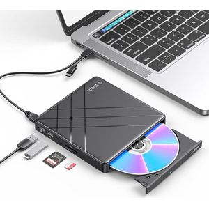Externe dvd-drive cd-drive USB 3.0 type-C SD/TF-kaartsleuf laptop desktop Windows 11/10/7/XP Linux Mac OS - ORHU3-01 - Snelle gegevensoverdracht Externe dvd speler