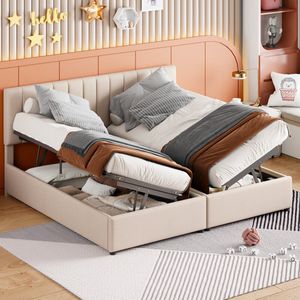 Sweiko Kinderbed,180x200cm Zacht Kussen bed, Hydraulisch Opbergbed, huidvriendelijk linnen loft bed, multifunctioneel tweepersoonsbed, Beige (zonder matras)