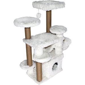 Topmast Krabpaal Fluffy Tokyo - Wit - 108 x 65 x 129 cm - Krabpaal voor Grote Katten en Zware Katten - Met Kattenhuis en Hangmat - Stevig Sisal Touw