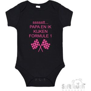 100% katoenen Romper ""ssssstt Papa en ik kijken Formule 1"" Unisex Katoen Zwart/roze Maat 62/68