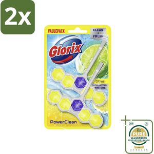 Glorix - Toiletblok - Power Clean Citroen - Fris & Citroen - 2 blokken - Voordeelverpakking - 2 stuks - Citrusgeur - Kalk verwijderaar