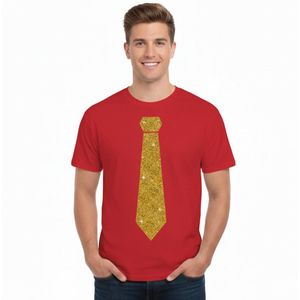 T-shirt met stropdas print goud - heren - rood - feestelijke shirts - glitter - glamour S