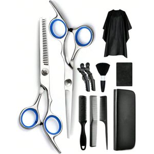 S&E 11-delige Professionele Kappersset – Knip- & Uitdunschaar Set met Opberghoes  – Voor Mannen, Vrouwen & Huisdieren – Thuis & Salongebruik- blauw