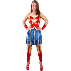 PartyXplosion - Wonderwoman Kostuum - Miss America Superheldin - Vrouw - Blauw, Rood - Maat 38-40 - Carnavalskleding - Verkleedkleding