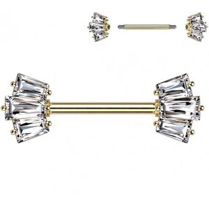 Tepelpiercing met 5 Baguette set crown ends gold plated