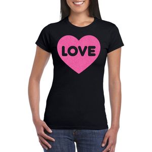 Bellatio Decorations Gay Pride T-shirt voor dames - liefde/love - zwart - roze glitter hart - LHBTI XS