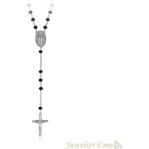 Juwelier Emo - Rozenkrans ketting Zilver met Zwarte Zirkonia stenen - Kruis hanger - 50 CM