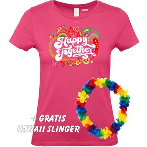 Dames T-shirt Happy Together Print | Love for all | Gay Pride | Regenboog LHBTI | Fuchsia dames | maat L