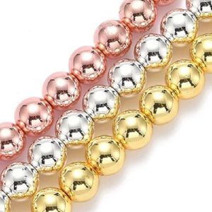 Natuurstenen kralen, Hematiet, ronde kralen van 8mm, rijggat 1mm. Set van drie strengen van ca. 40cm in goud, rose goud en zilver