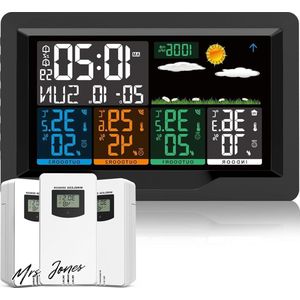 Mrs. Jones Draadloos Weerstation met Sensor Multifunctioneel Wifi Weerstation met 3 Buitensensoren Thermometer Hygrometer Digitale Wekker DCF-radioklok voor Thuis Kantoor Tuin Binnen en Buiten met Weer Voorspelling en Alarm .