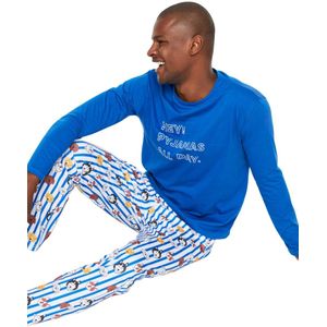 Trendyol Donkerblauwe 100% Katoenen Pyjamaset Met Normale Pasvorm En Print Tmnaw22Pt1313