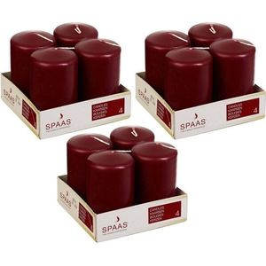 12x Bordeaux rode cilinderkaarsen/stompkaarsen 5 x 8 cm 12 branduren - Geurloze kaarsen - Woondecoraties