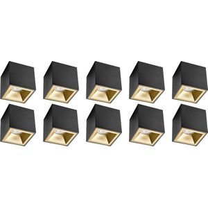 Opbouwspot 10 Pack - Proma Cliron Pro - GU10 Fitting - Opbouw Vierkant - Mat Zwart/Goud - Aluminium - Verdiept - Ø90mm