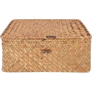 QUVIO Opbergmand - Maat L - Opbergdoos - Opbergbox - Voorraaddoos - Organizer - Sorteerdoos - Met deksel - Met knoop - Rotan - Bruin - 29 x 19 x 12 cm