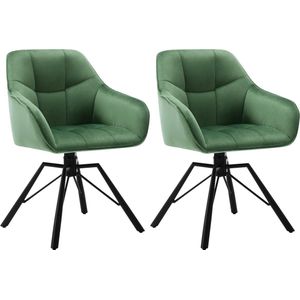 KTN® - Eetkamerstoelen set van 2 - 360 Graden Draaibare Zitting - Rugleuning - Armleuning - Fauteuil - Woonkamerstoelen - Kuipstoelen - Velvet - Fluwelen Stof - Gewatteerde Zitting - Metalen Poten - Groen
