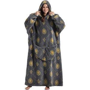 Extra lange hoodie-deken, oversized deken, hoodie, pullover, deken met mouwen en capuchon, deken-trui, eenheidsmaat, voor volwassen mannen en vrouwen - Grijze leeuw