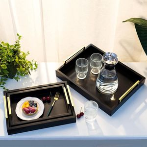 Houten Dienblad: Grote Decoratieve Dienblad Met Gouden Handvat Zwart Voedsel Lade Voor Party Lap Bed Koffietafel Kaars Parfum Sieraden Ijdelheid Snuisterij Ontbijt Diner Drankjes Thee