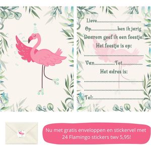 Uitnodiging kinderfeestje - Kinderfeest - Uitnodigingen - Verjaardag - Inclusief enveloppen - Eigen design en print - Flamingo - Wenskaart - - 16 stuks - A6