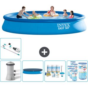 Intex Rond Opblaasbaar Easy Set Zwembad - 457 x 84 cm - Blauw - Inclusief Pomp Afdekzeil - Onderhoudspakket - Filters - Stofzuiger