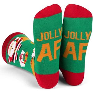Kerstsokken met Kerstman, Cadeautjes en Grappig Tekst op zolen: Jolly AF - Sokken Dames Maat 36-40
