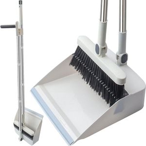 Roellgs Broom Dustpan Set with Comb Teeth Windproof Vertical Long Handle Broom Kit Dustpan Set Household Cleaning Sweep (White)