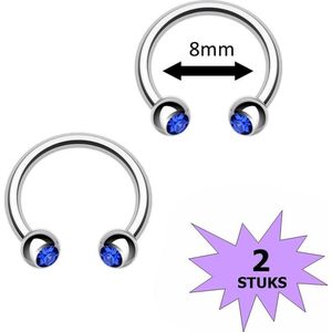 Fako Bijoux® - Circular Barbell Piercing - Hoefijzer Kristal Duo - 8mm - Donkerblauw - 2 Stuks