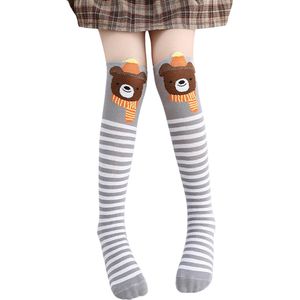 Kniekousen meisjes - 1 paar lange sokken beer grijs-wit - meisjessokken - elastisch - 100% katoen - ademend - schattige kousen