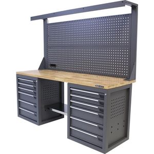 Kraftmeister werkbank 200 cm - Werktafel met gereedschapwand, 12 laden en eiken werkblad - Grijs