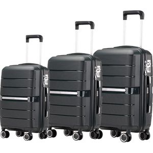 Kofferset Traveleo BABIJ - 3-delig - Complete Set - Koffer - Handbagage 35L + 65L en 90L Ruimbagage Polypropyleen PPS01 Zwart