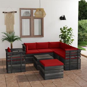 The Living Store Loungeset Pallet Grenenhout - modulair - rood kussen