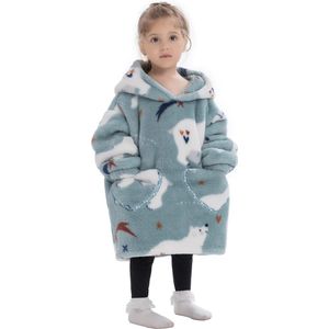 Ijsbeer fleece hoodie deken met mouwen - fleece poncho voor kinderen – fleece plaid met mouwen - kids 3/7 jaar – maat 98/128 ��– lengte 60 cm – warm & zacht – relax outfit kids – grijs/blauw - Badrock