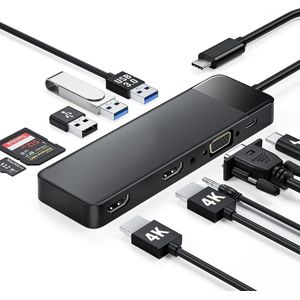 DailySupplies Docking Station - 10-in-1 - USB-C - Dual HDMI - Zwart