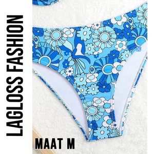 LaGloss® Dames Hoge Taille Bloemenprint Bikini Broekje – Elegant Split Design – Blauw Strandvakantie Zwembroek – Hoog Elastisch – Maat S